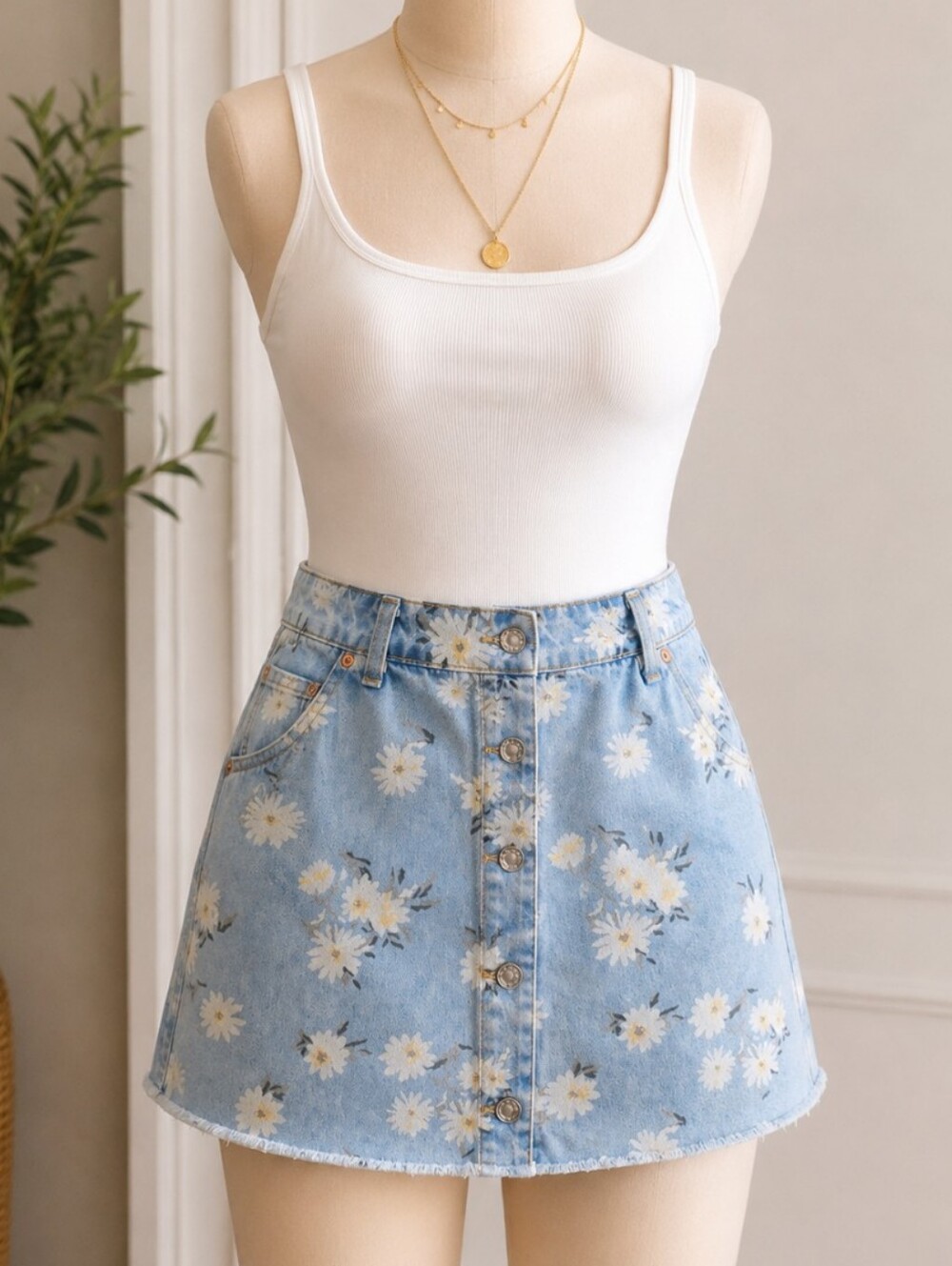 wild fable Light Blue Denim A-Line Mini Skirt with White Daisy Print